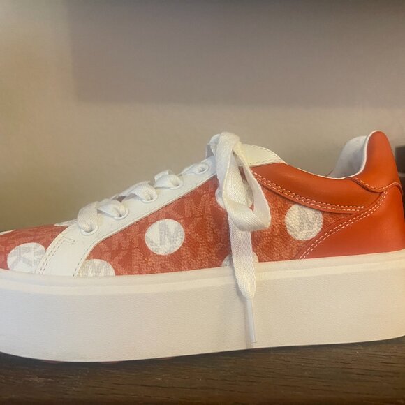 Michael Kors*Michael Kors Romey Polka Dot Orange & White Platform Sneakers Sz.7 - Picture 2 of 12